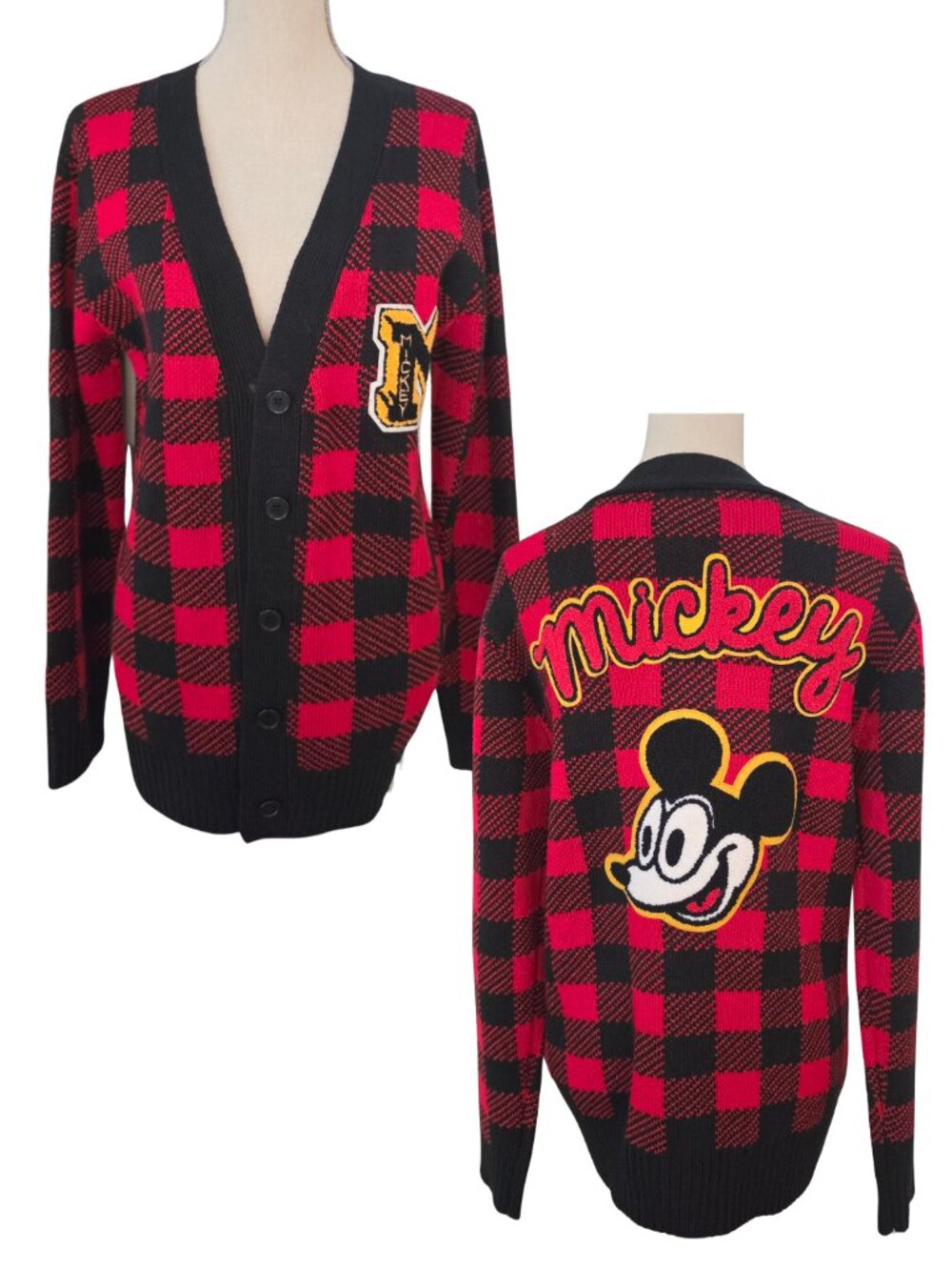 Disney x Forever 21 Mickey Mouse Buffalo Plaid Varsity Cardigan Sweater Medium